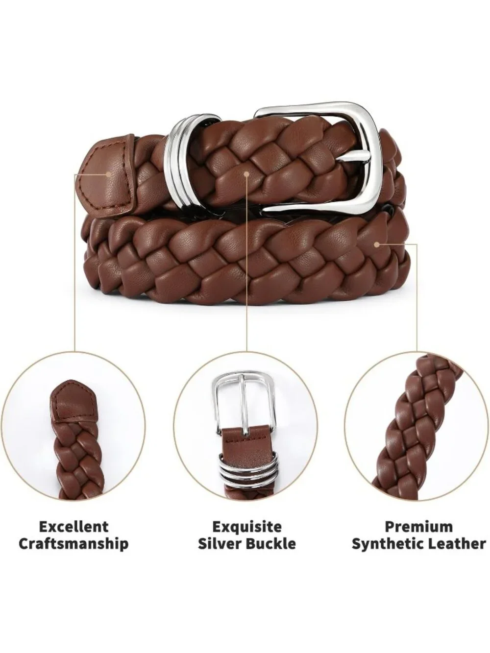 Women Pale Brown Leather Dress Belt For Jeans Pants Fashion With Silver Buckle
